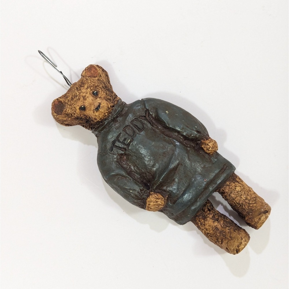 Vintage 1983 Wood Carved Teddy Bear w/Sweatshirt Ornament Primitive Folk Art 4"